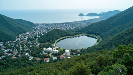 Aerial view of serene landscape featuring circular lake surrounded by lush greenery and residential areas, with mountains and coastline background