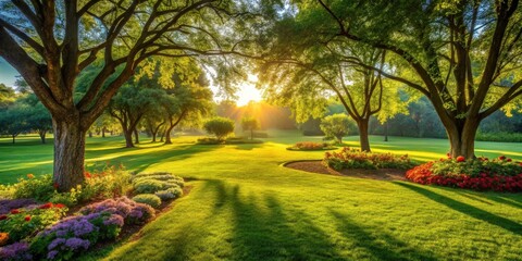 Serene Sunrise Illuminates Lush Green Park Landscape with Vibrant Flowerbeds and Majestic Trees Casting Long Shadows