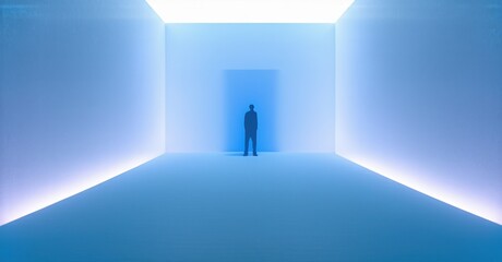 Minimalist space features lone figure facing bright opening. Blue tones dominate, creating sense isolation, vastness. Clean lines, geometric forms present.