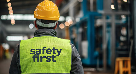 A construction worker in a safety vest and helmet, emphasizing workplace safety and industrial environment.