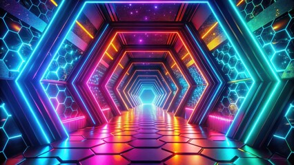 Vibrant Hexagonal Corridor with Neon Lights and Glowing Panels Reflecting a Starry Sky
