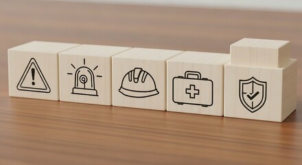 Wooden blocks with safety icons representing workplace protection and security