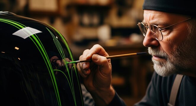 Senior craftsman carefully pinstriping green lines on a black motorcycle fuel tank in workshop