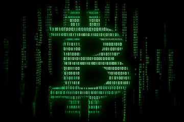 Fototapeta premium Digital representation of Bitcoin symbol in binary code, illustrating cryptocurrency innovation and future finance trends.