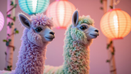 Fototapeta premium Fluffy llamas with colorful fur stand against backdrop of vibrant lanterns, creating whimsical and cheerful atmosphere