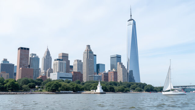 Stunning skyline view featuring modern skyscrapers, sailboat gliding water, and lighthouse foreground, evoking sense of tranquility and urban - Powered by Adobe
