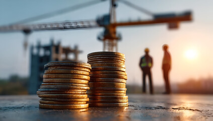 A close-up of stacked coins symbolizing investment and growth in construction and finance settings.