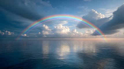 A stunning rainbow arches over a calm ocean, reflecting a serene sky filled with clouds and soft light.