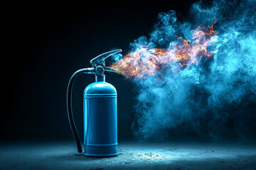 A blue fire extinguisher emitting flames and smoke against a dark background, representing fire safety equipment.