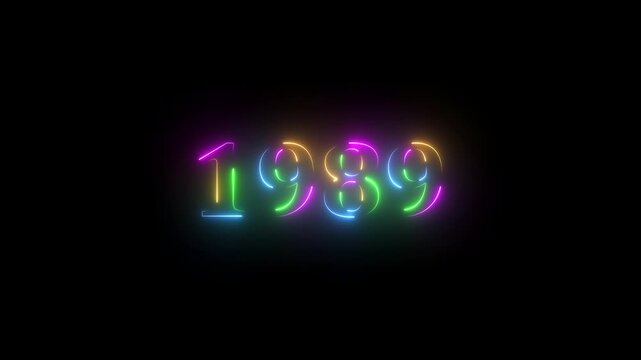 1989 neon line text. Abstract 1989 neon text animation ,For neon color Glowing neon number text background 4k video animation . 1989 title metal text on glowing text animation black background