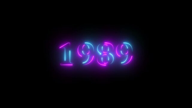 1989 neon line text. Abstract 1989 neon text animation ,For neon color Glowing neon number text background 4k video animation . 1989 title metal text on glowing text animation black background