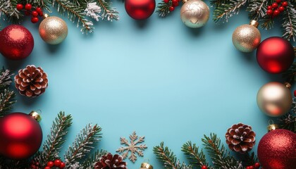 Festive christmas decoration display with ornaments and pinecones holiday vibes studio background close-up view