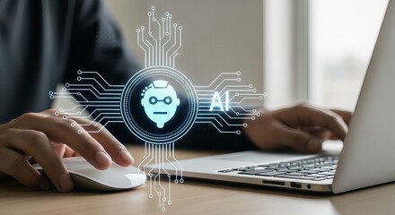 Person using a computer with artificial intelligence interface overlay