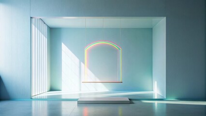 Modern Minimalist Interior Display with Pastel Rainbow Arch Neon Light and Platform