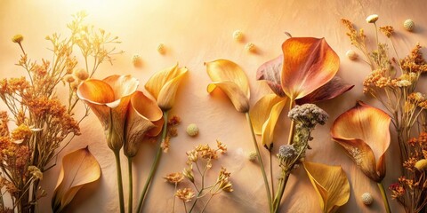 Warm-toned floral arrangement featuring dried and fresh flowers, showcasing the beauty of autumnal hues and delicate textures in a soft, sunlit setting.