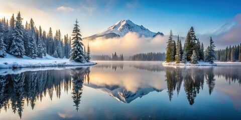 Serene Winter Sunrise over a Mountain Lake Reflected in Still Waters, Snow-Covered Evergreens Adorn the Shores