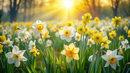 Golden Hour Blooms in a Field of Daffodils and Other Spring Flowers Basking in Sunlight