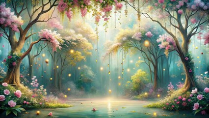Enchanted Forest Scene Magical Pond, Blossoming Trees, and Glowing Lights in a Dreamlike Setting