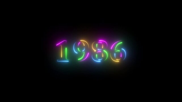 1986 neon line text. Abstract 1986 neon text animation ,For neon color Glowing neon number text background 4k video animation . 1986 title metal text on glowing text animation black background