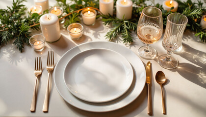 Elegant dinner table setting with white plates and candles  
