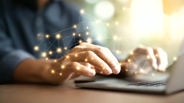 Man using computer with digital technology overlay defocused, faceless internet connection, big data visualization, blurred futuristic background, IoT innovation detail, digital ma