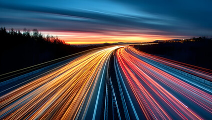 Obraz premium Dynamic light trails from vehicles on a highway at sunset, showcasing vibrant colors and motion in the landscape.