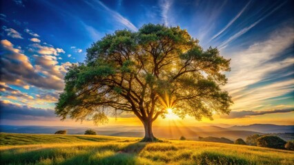 Golden Hour Serenity A Majestic Tree Silhouetted Against a Vibrant Sunset Sky Over Rolling Hills