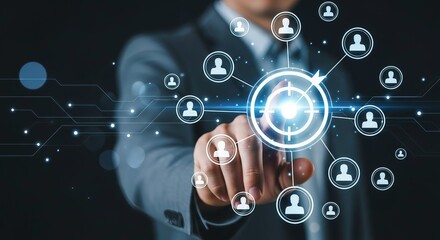Businessman interacting with a digital network of people on a futuristic interface