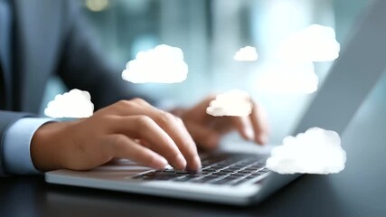 Businessman hands on laptop with upload download icons, faceless cloud technology, file transfer visualization, defocused office background, business computing detail, data managem - Powered by Adobe