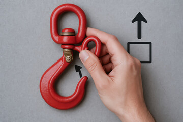 Crane hook safety latch being held by hand with arrows indicating proper locking direction for secure lifting and handling in industrial use