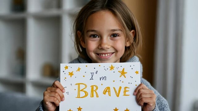 Girl joyfully displaying affirmation message with "i am brave" sign