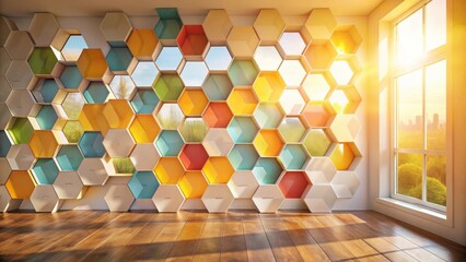 Brightly colored hexagonal shelving unit against a sunlit window in a modern room with hardwood floors