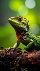 Obraz premium Bright green lizard sits upon a mossy branch against blurred green foliage