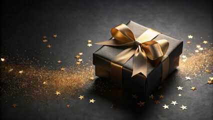 A Luxurious Black Gift Box Adorned with a Golden Ribbon and Scattered Glitter Stars on a Dark Surface