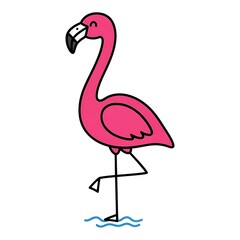 Pink flamingo standing on one leg in blue water cartoon illustration bird animal