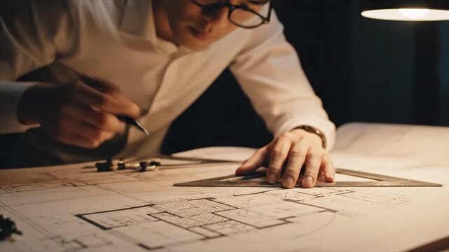 Architects Focused Work Drawing Blueprints with Precision and Detail.