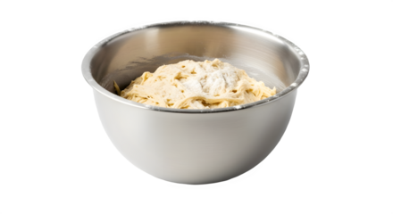 Fresh baking dough mixture in a stainless steel kitchen mixing bowl preparation. isolated PNG with Transparent Background