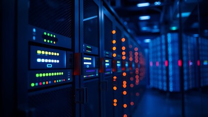 serverroom. A sleek server rack with glowing indicators, embodying modern technology and innovation. product launch decks.