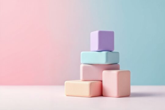 A minimalist stack of pastel colored blocks on a pink and blue gradient background. Simple geometric shapes representing childhood development and balance. Ample copy space