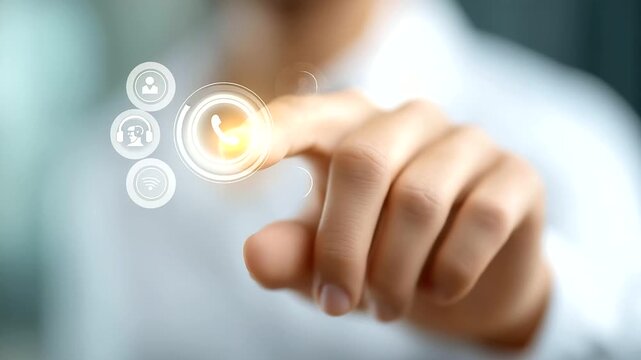 Hand touching contact platform icons with chat symbols defocused, faceless communication system, client assistance visualization, blurred interface background, business support det