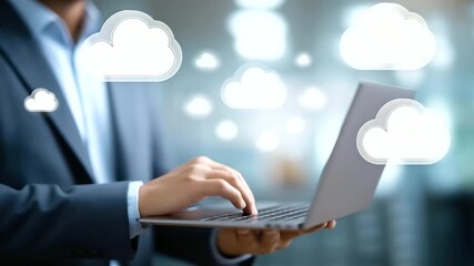 Businessman hands on laptop with upload download icons, faceless cloud technology, file transfer visualization, defocused office background, business computing detail, data managem - Powered by Adobe