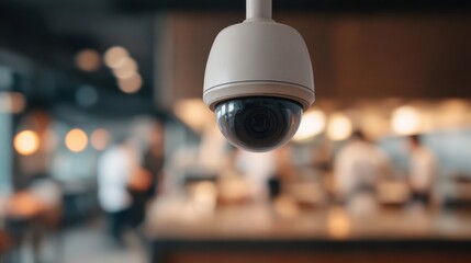 Monitoring kitchen activities security camera above restaurant door culinary workspace dynamic view staff interactions
