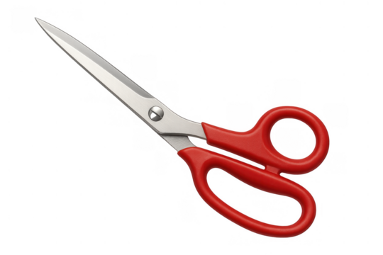 Stainless steel scissors with red plastic handle, tool for cutting paper, fabric, and crafts on transparent background