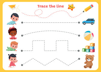 Fototapeta premium trace line page game for kids with zigzags, babies, and toys preschool tracing worksheet vector illustration