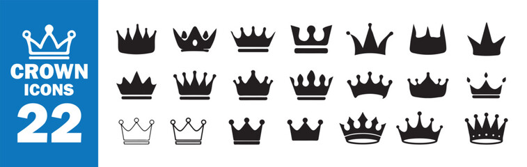 Flat Crown Icons Set, Modern Royal Symbol Design