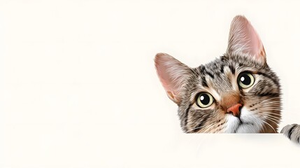 Obraz premium Close up portrait of an adorable domestic tabby cat peeking from behind a white surface displaying curiosity and alert attention with its green eyes