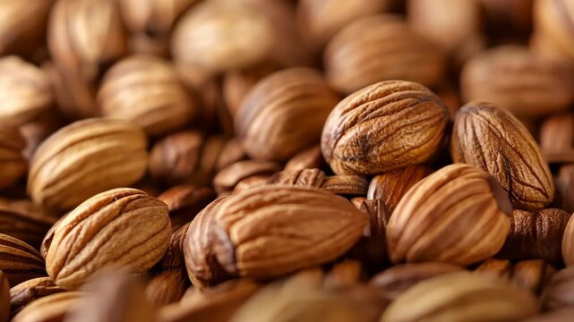 Closeup rotation of almonds showcasing natural patterns and textures in crisp detail