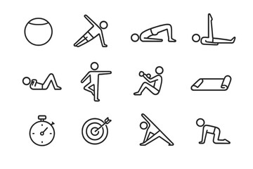 Fototapeta premium Core Workout Icons. Core and balance workout. Line outline icon set of core and balance workout: stability