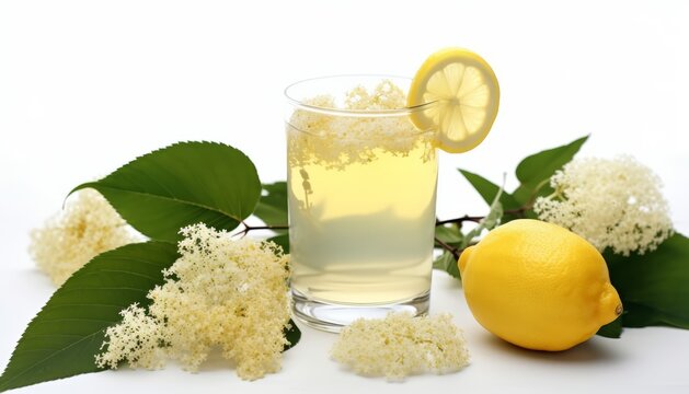 Flowers elderflower with lemon and tea in glass on white background with space for text. Common names elder, elderberry, black elder, European black 
