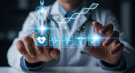 Healthcare Innovation: A doctor utilizes advanced digital technology to showcase a range of health icons, symbolizing a fusion of medicine and innovation.